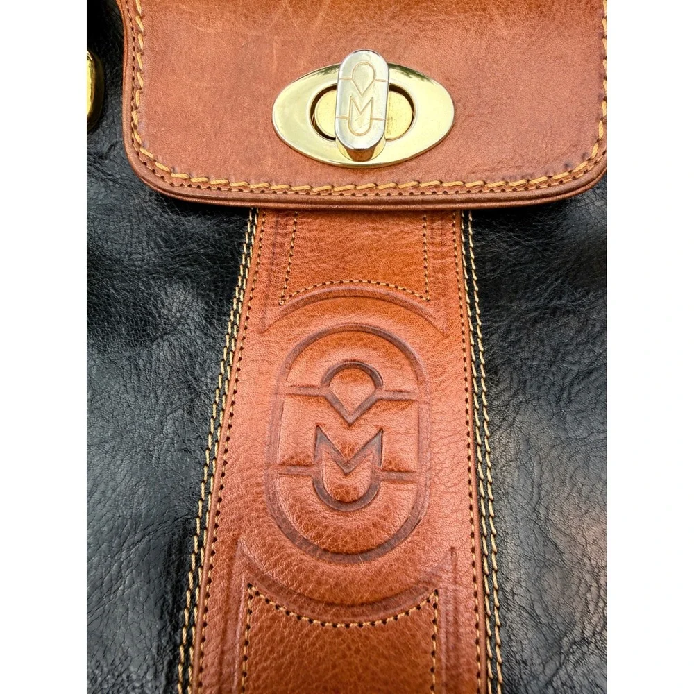 Vintage Marino Orlandi Italian Designer Leather Bag Black Cognac Made in Italy